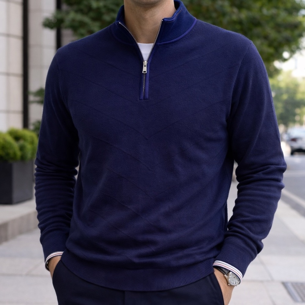 Men's Dark Blue Zip-Up Sweater made in Italy wool mix by Castello de Ore